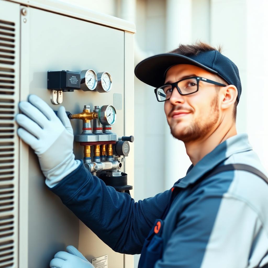 HVAC technician working on an air conditioning unit with refrigerant gauges