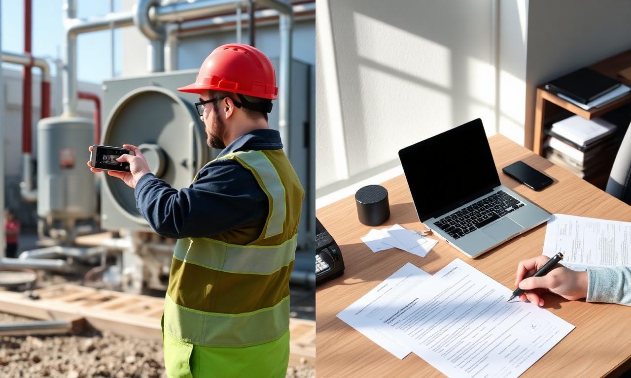 HVAC technician on site photographing a system, and an office desk covered in paperwork
