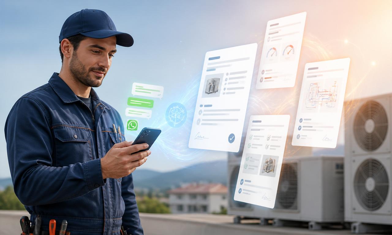Technician using WhatsApp to generate job reports with Clemp's AI