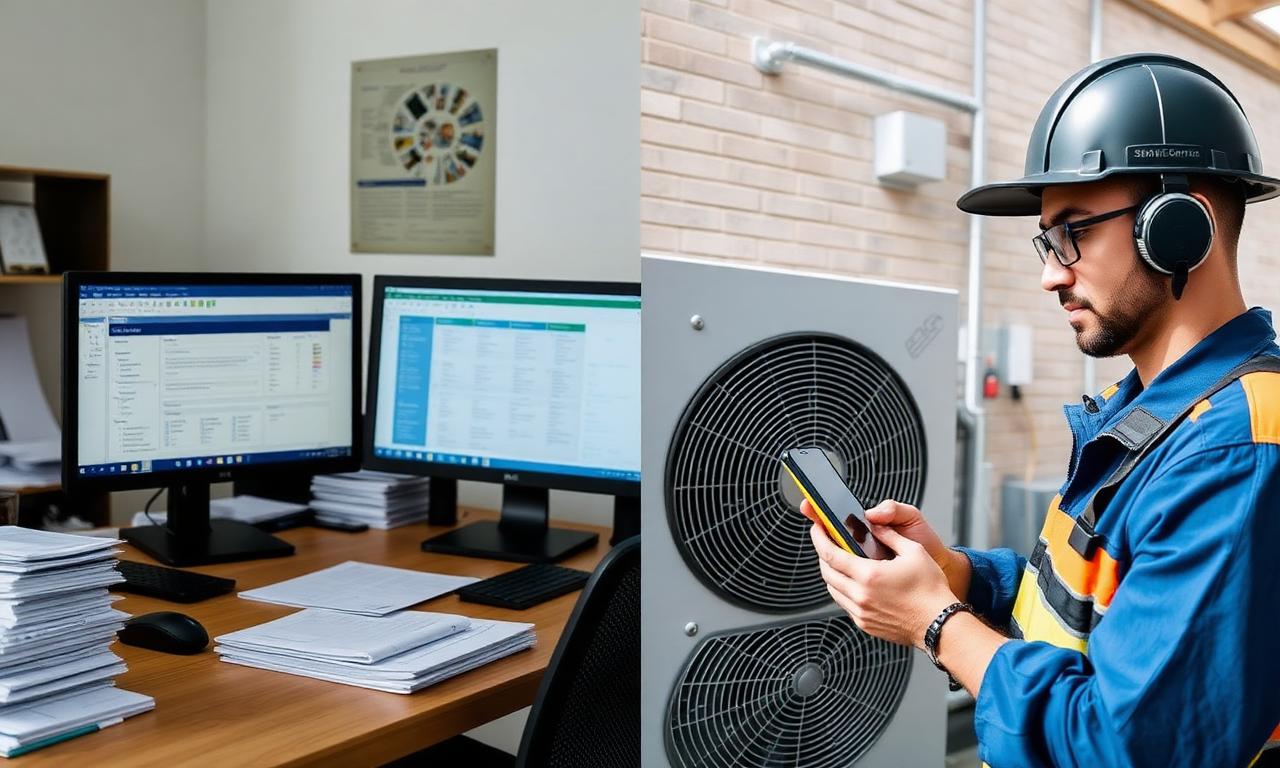 Comparison between an office with traditional management software and an HVAC technician on site with a smartphone