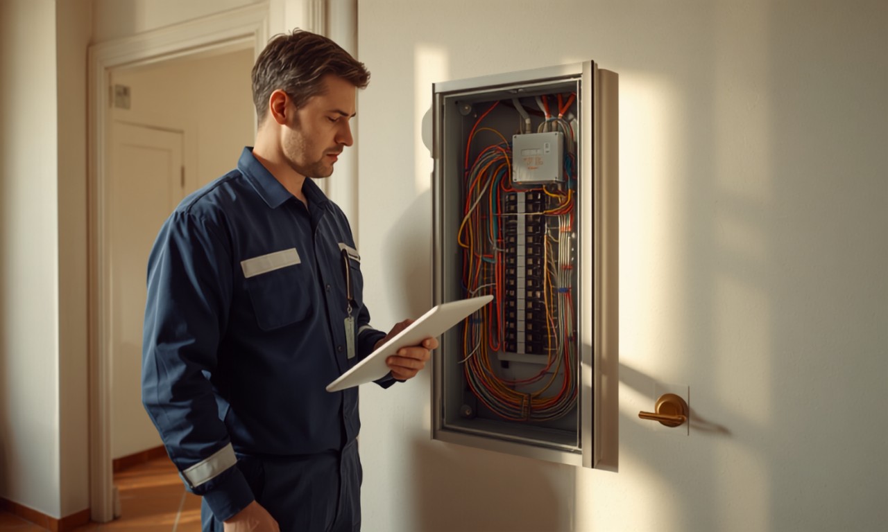 Technician inspecting an existing electrical panel to issue a compliance certificate (dichiarazione di rispondenza)