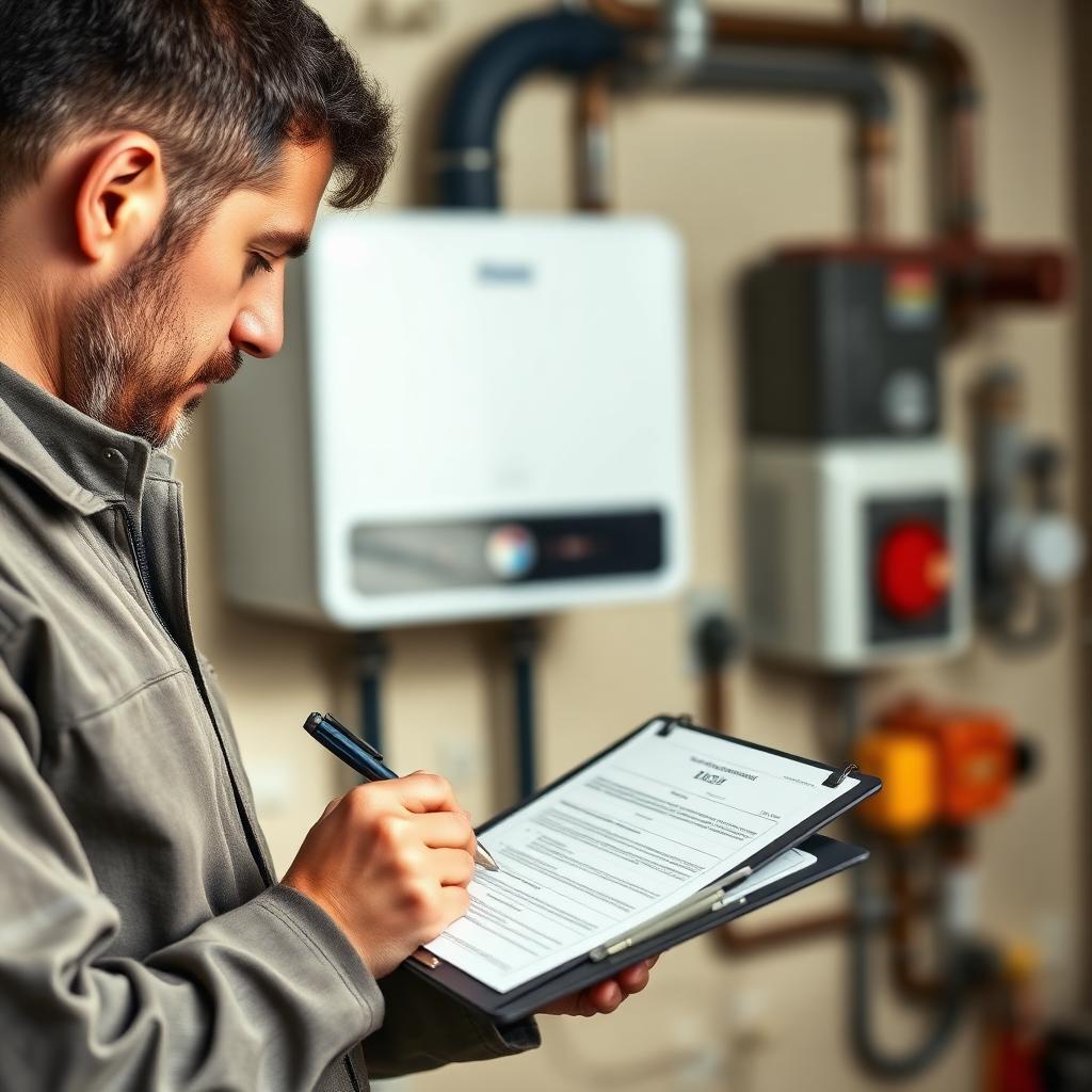 HVAC installer signing a Declaration of Conformity (DiCo) next to a boiler