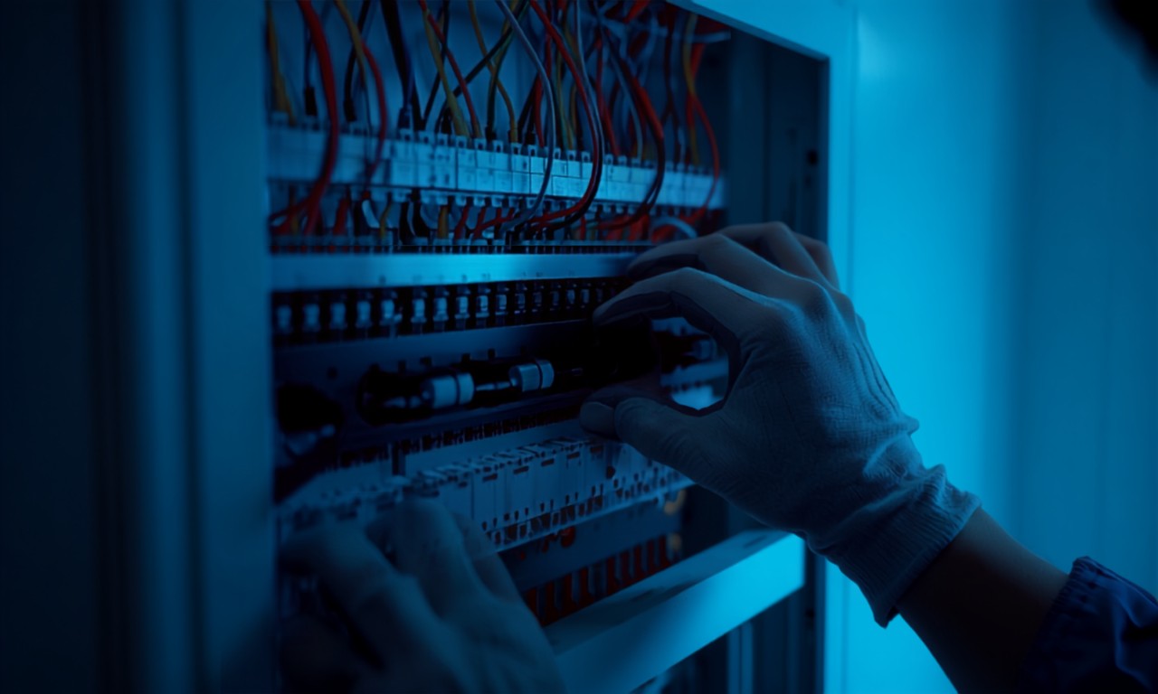 Electrician checking a residential electrical panel that is up to code