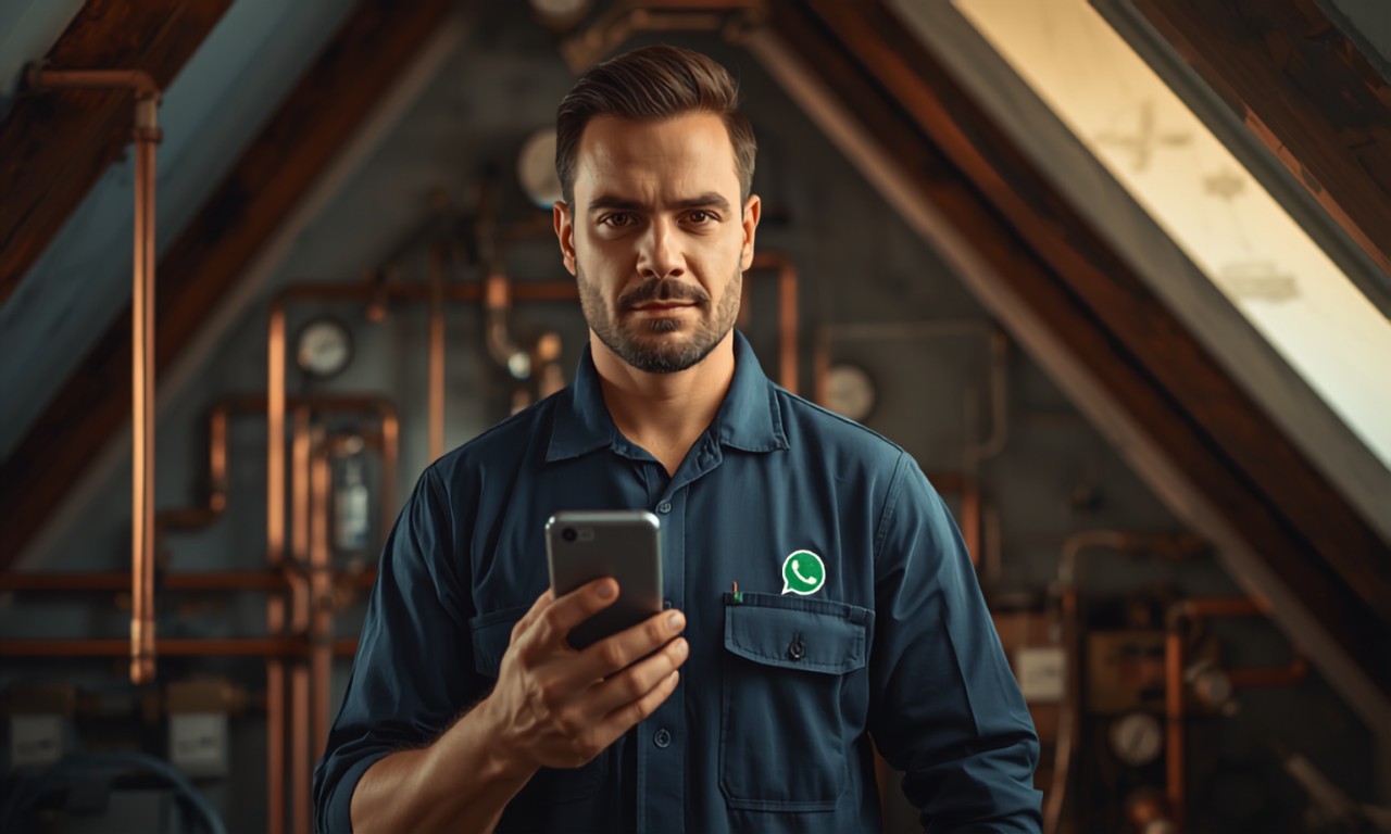 Field technician on a job site sending a WhatsApp voice note to generate a job report with Clemp's AI